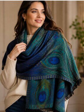 The Met Store Tiffany Peacock Feather Shawl Wrap Blue Teal Woven Fringe Unisex